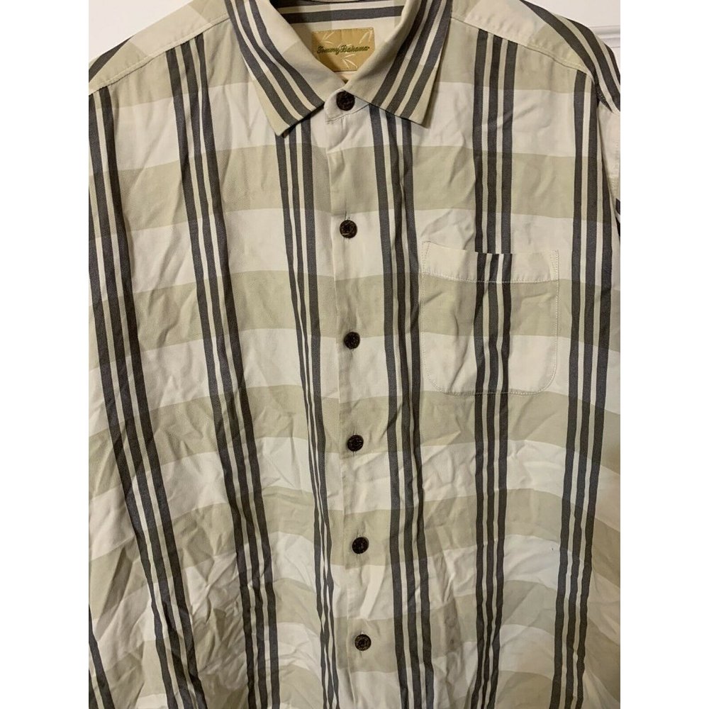 TOMMY BAHAMA Mens Sz‎ XL Tan Plaid Silk/Cotton Short Sleeve Button Up Shirt